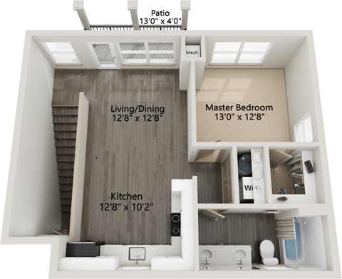 Floor plan for 1 bed, 1 bath, 771 sqft